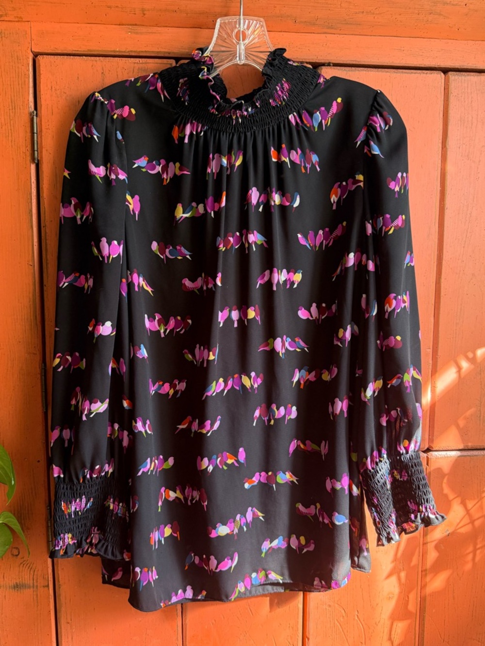 Kate Spade Black Smocked Neck Blouse with Pink Multicolor Bird Print ✨